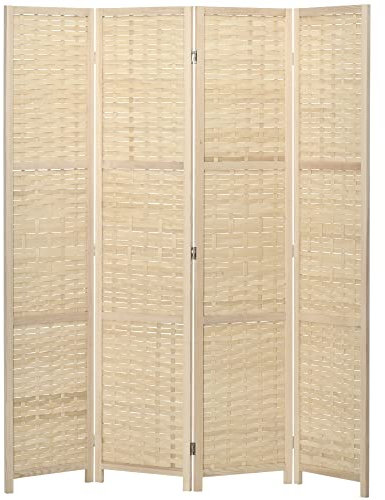 HOMCOM Paravento da Interno a 4 Ante in Legno e Bambù Intrecciato, Separé Divisorio Pieghevole Salvaspazio, Altezza 170cm, Naturale