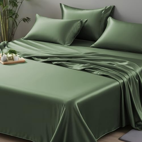 LINENWALAS Bettlaken für Doppelbett, 100 % Bambus, Seide, kühl, atmungsaktiv, Premium-Luxus-Oberlaken (229 x 274 cm, Avocadogrün)