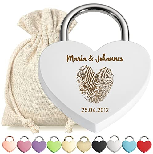 Liebesschloss Herz-Schloss Bügelschloss Weiß mit Gravur - Motiv Herz Fingerabdruck - personalisiert - eloxiert - Stoff-Geschenkbeutel - Valentinstag, Jahrestag - Pärchen Geschenk - present