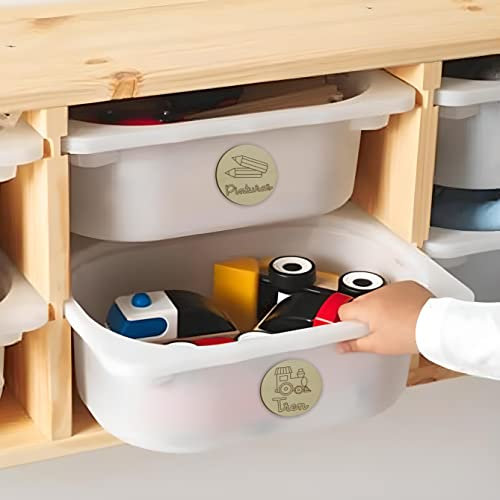 EVYRE | Organizador Cajones Juguetes Infantil Con Nombre De Madera | 16 Placas Decorativas De 6cm Con Adhesivo Doble Cara | Cartel Separador De Estanteria Infantil | Separadores De Cajones, Castellano