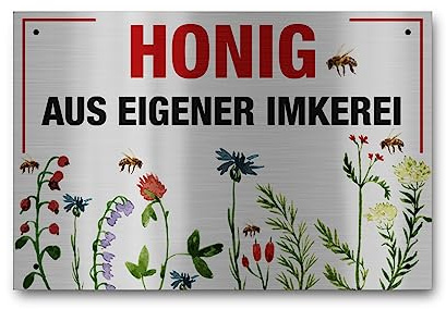 Apoidea – Honig aus eigener Imkerei Schild / Bienen Schild Werbeschild aus Aluminium gebürstet / Imkereibedarf / Bienenzubehör und Imkerzubehör / Imkerbedarf