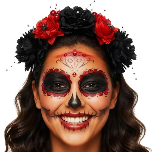 Zoestar Serre-tête à fleurs pour Halloween, couronne d'araignée, serre-tête floral rose, cerceau pour cheveux mexicain, fête des morts, costume pour femmes et filles