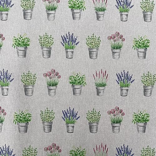 Animals Flowers Digital Printed Cotton Rich Linen Vintage Look Quilting Craft Project Cushion Curtain Furnishing Upholstery Home Fabric Material | 55 - 140 cm Wide (per Half Metre, Flower Pots)