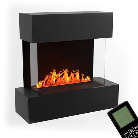 GLOW FIRE Wasserdampf Kamin HÖLDERLIN (Wandkamin) - Elektrokamin für die Wand mit realistischen LED 3D-Flammen, Knistereffekt & Fernbedienung, 80x78x37 cm, Opti-Myst 500, Schwarz