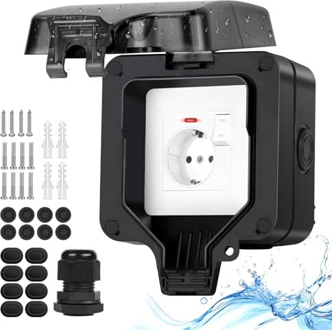 Upgrade presa esterna impermeabile IP66 con interruttore, spia di controllo, presa esterna, da parete, da giardino, per esterni, presa a muro chiudibile, con coperchio singolo nero