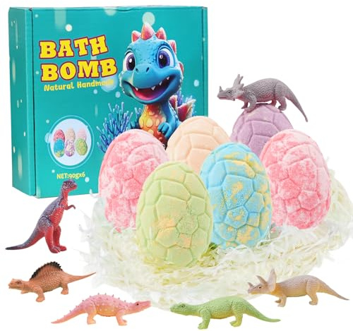Dinosaur Bath Bombs Set - 6 Natural Organic Fizzy Bombs with Surprise Toys Inside for Kids, Handmade Bubble Gift Set, Ideal Birthday Easter for Boys & Girls