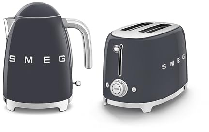 Smeg 50’s Style Retro Range Breakfast Set, 1.7L 3000W Kettle and Multi-Functional Control 2-Slice 950W Toaster, Slate Grey, KLF03GRUK/ TSF01GRUK