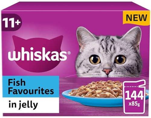 Whiskas 11+ Senior Fish Favourites in Jelly, 144 x 85g Pouches - Wet Cat Food for Senior Cats, Supports Healthy Aging