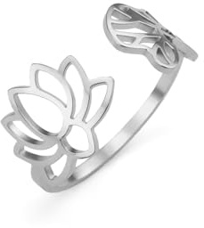 kkjoy Lotus Blume Yoga Ring Edelstahl Lotus Einstellbare Offene Finger Ringe Inspirational Schmuck für Frauen Mädchen