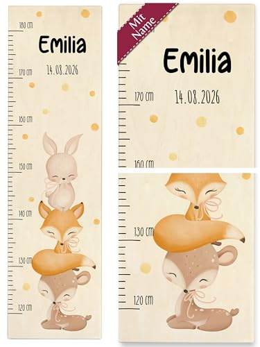 Messlatte Kind Holz - Tiere - Kindermesslatte süße Tierchen Hase Fuchs Reh mit Name und Datum I Waldtiere - 120-180 cm - Holz - kinder 160 tier baby meßlatte mädchen größe eichhörnchen