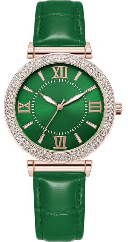 NUOVO Damen 39.5mm Strass Lünette Kleid Uhr 30m Wasserbeständige große Damenuhren Roségold Gehäuse mit grünem Zifferblatt und grünem Lederarmband
