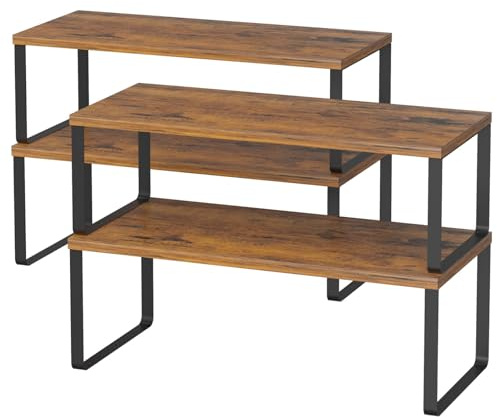 LIANTRAL Organizador Armario Cocina, Especias Estante, Estante apilable y Extensible, Metal y Madera, Juego de 4, Estante de Almacenamiento para Ahorrar Espacio en la Cocina y el baño, marrón y Negro