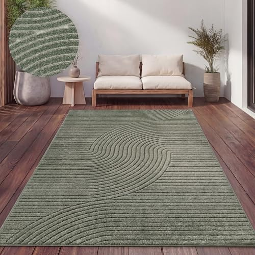 Paco Home Teppich Outdoor Wetterfest, Moderne abstrakte Boho Designs mit 3D Struktur, Pflegeleicht, ideal für Terrasse Wohnzimmer & Küche, Grösse:200x290 cm, Farbe:Grün