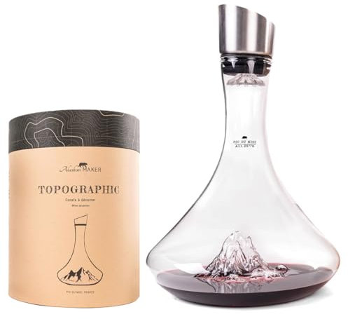 Caraffa per decantare il vino, 1,8 l, borosilicato di alta qualità, soffiato artigianalmente con montagne in rilievo, tappo 3 in 1 (filtro, aeratore e beccuccio) (Pic du Midi)