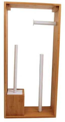 Badezimmerzubehör-Set, Bad- und WC-Set, WC-Garnitur, Toilettenpapierhalter mit WC-Bürste, WC-Garnitur auf Fuß, Bambus und Metall, 26,5 x 12 x 56,5 cm (weiß)