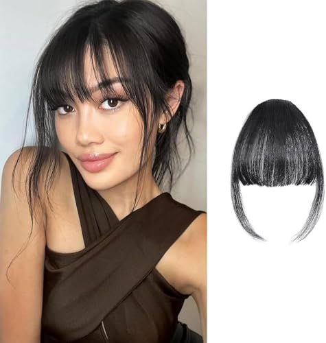 FFWTPY Haarschmuck Bangs Clip Remy Echthaar Fringe mit Schläfen One Piece Haarteil Extensions Natürliche Bang with Tempel Haarteile Haarverlängerung für Frauen (Schwarz)