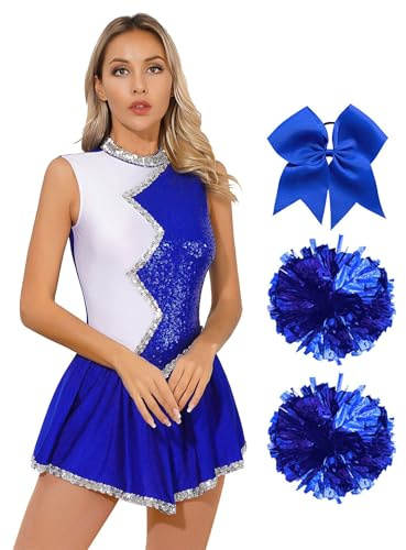 TTAO Damen Cheer Leader Kostüm Set Mit Pom Tanzkostüm Set Cheerleading Uniform Halloween Tanzkleidungset Festlich Karneval Faschings Blau XL