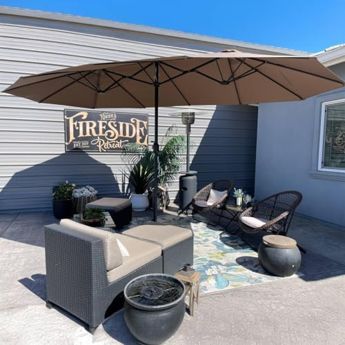 PURPLE LEAF Grand Parasol de Jardin Extérieur avec Pied 4,55 x 2,7 x 2,4 m, Parasol Rectangulaire Double Face à Manivelle en Aluminium avec 12 Baleines pour Balcon, Terrasse, Patio, Restaurants, Taupe