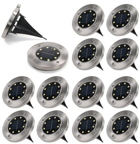 Nexos Trading Solar Bodenstrahler mit je 8 LED Edelstahl als 12er Set Solarlampe Gartendeko wetterfest