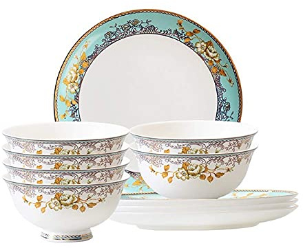(FR:Ensemble de Plats/Assiettes/Bols, Services de Table 10 pièces Service de Table en Porcelaine à Motifs Blancs et dorés avec 6 Bols à céréales de 4,5 Pouces et 4 Assiettes à dîner de 8