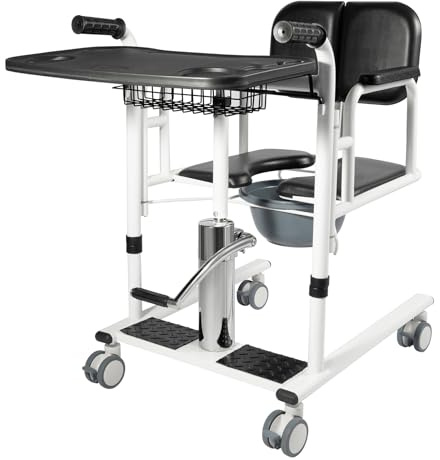 CCAUUB Hydraulischer Patientenlift-Pflegestuhl für zu Hause, 4 in 1 Duschstuhl-Transport-Rollstuhl, justierbare Hebehöhe-Transfer-Hilfe mit Töpfchen-Esstisch für ältere Menschen (Schwarz)