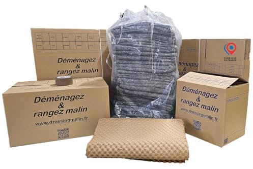 Kit déménagement T1 – 27 pièces : 10 cartons standard 55x35x30 cm (57L), 5 cartons livre 34x26x32 cm (28L), 10 papiers bulle biodégradables 0,5x1 m, 1 adhésif 4,8 cm x 68 m, 1 sac fourre-tout 150L