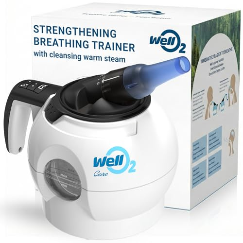 WellO2 Breathing Trainer | Unique Patented Warm Steam + Adjustable Resistance | Comfortable Breathing Routine | App-Guided Sessions | Complete Breath Trainer Set with 3 Mouthpieces & Nasal Mask