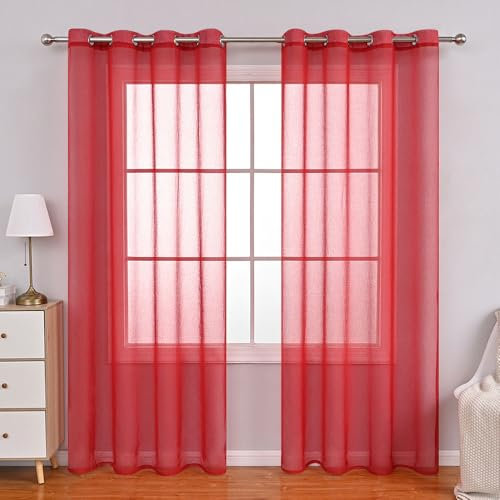 Lukery Voile Curtain 2 Piece for Living Room Panel Kitcken Bedroom, Solid Color Extra Wide Long Voile Curtains Semi Transparent for Windows & Door Sheer (Red,100x130cm)