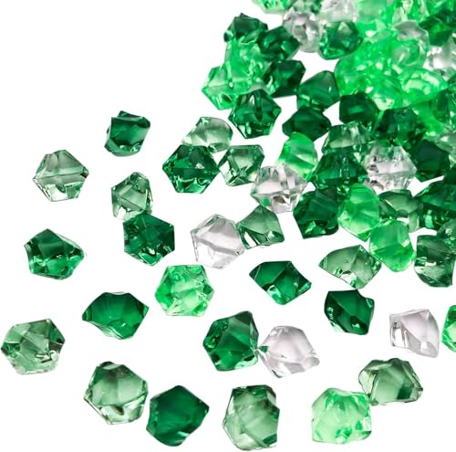Decorative Acrylic Ice Rocks, Clear and Green Mixed Crystals, 200 Pieces Acrylic Crystal Chunks, 11 * 14 mm Geometric Shapes Fake Acrylic Ice Rocks for Party Table Scatter Gems, Wedding Vase Filler