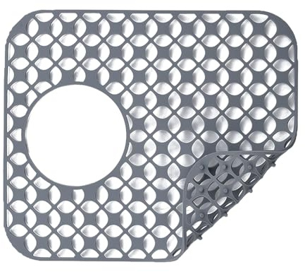 iAnomla Silicone Sink Mat, 34x30cm, Non-Slip Sink Protectors for Kitchen Sink, Mats Counter Protector for Bottom of Kitchen Sink, Dishes and Glassware Drain Mat - Grey（with Hole）