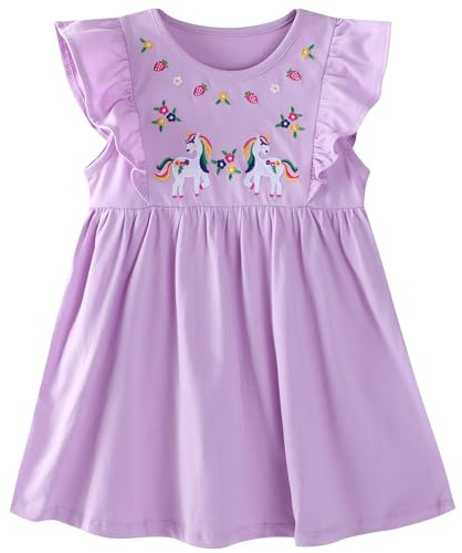 FILOWA Vestito per Bambina Cotone Unicorno Stampa Abito, 3-8 Anni | Maniche Volanti/Lunghe, Ragazze Primavera Abiti, Fiore Farfalla Fragola Ricamo Pois, Vestiti Autunno Scuola Festa Compleanno