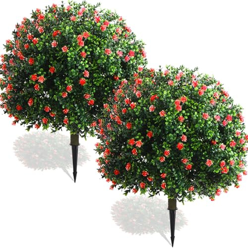 Yunlly Künstliche Buchsbaum-Formschnitt-Kugeln, 68,6 cm, für den Außenbereich, Buchsbaumkugeln mit Blume, Kunststrauch, UV-Beständigkeit, künstliche Strauchpflanze mit Erdspieß, für Garten, Veranda