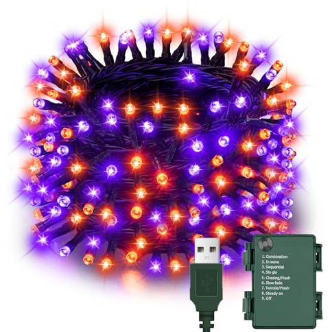 Etopgo Halloween Lichterkette Batterie, 10M 100 LED Orange Lila Lichterketten mit Timer und 8 Modi, USB-Betrieben Wasserdicht Halloween Deko Outdoor Lichter für Innen Außen, Party, Garten