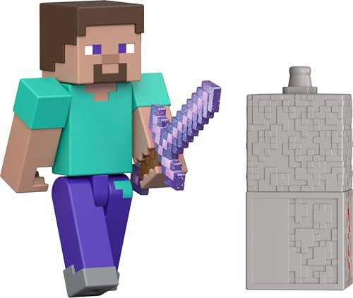 Mattel Minecraft Figurine Steve Redstone, Figurine articulée de 8 cm avec Accessoire et composant de Redstone, Coffret à Collectionner inspiré du Jeu vidéo, JJR85
