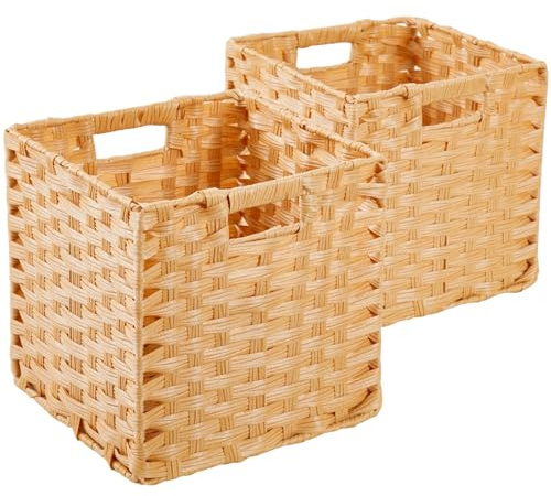 SOCOHOME Cube Storage Box,25x25x25cm Faux Rattan Storage Basket for Toy Clothes Shelf Nursery Closet Waterproof, Non-Mouldy(Beige, 2 Pack)