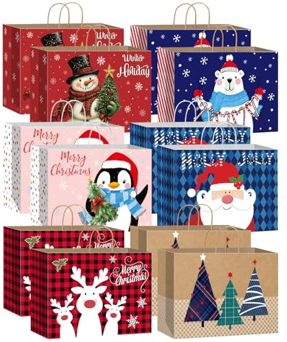 DECHISY 12 Stück Geschenktüten Weihnachten Groß xxl, Papiertüten Weihnachten mit Griffen, Weihnachtstüten mit 6 Designs, Weihnachts Geschenktüten für Neujahr Dekorationen, 43 x 32 x 18 cm