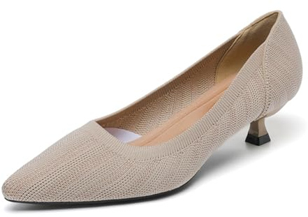 YCALCP Pumpar för kvinnor kattunge klack stickad stängd spetsig tå klackar för kvinnor arbete kontor vardaglig bröllopsklänning, modell XTZ15073, BEIgE, 39.5 EU