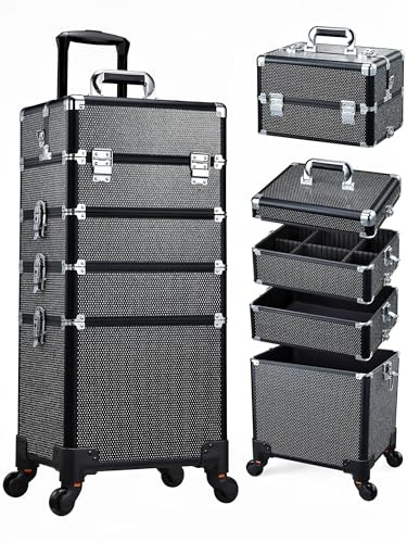 Costravio 5 in 1 Rolling Makeup Case on Wheels Large Cosmetology Case Organizer Beauty Cosmetic Train Case Travel Nail Cart for Make-up Studio Hair Salon, Black Rhinestone
