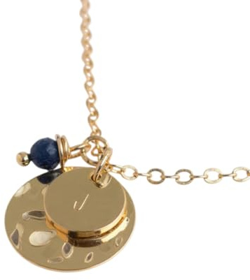 Collier pierre de naissance avec lettre prénom gravée sur médaillon plaqué or fin 24k - Pendentif avec initiale or, collier femme pierre naissance or - Bijou cadeau personnalisé femme fait main