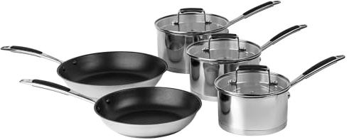 Prochef 5-Piece Pan Set, Stainless Steel, 16/18/20cm Saucepans with Glass Lids, 24/28cm Non-Stick Frying Pans, Silicone Handles, Dishwasher Safe, Induction Compatible