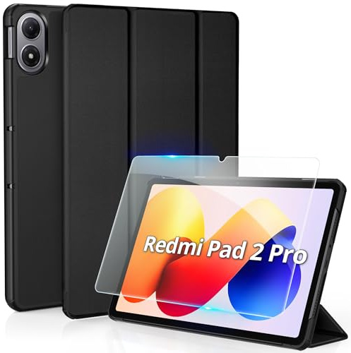 CACOE Fodral kompatibel med Xiaomi Redmi Pad 2 Pro 12.1 tum med skyddsfilm, Ultratunt fällbart tabletfodral med multivinkelståndare, Svart