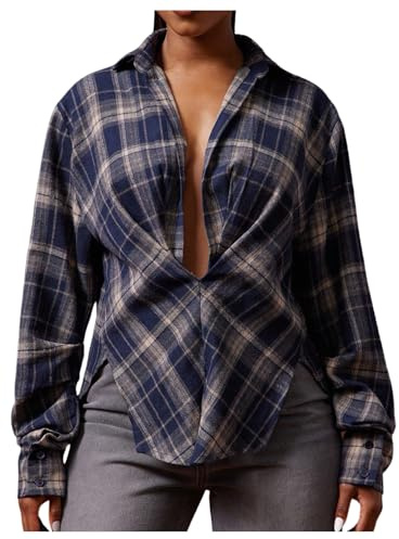 Floerns Women's Plaid Button Down Shirts Collared Long Sleeve Casual Blouse Top Dusty Blue Large