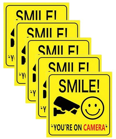 5PCS Smile You’re On Camera Sign Stickers - CCTV Warning Vinyl Decals - Self Adhesive Square Camera Notice for Home Office Shop Door Window (10 x 10cm)