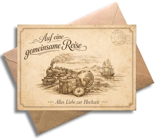 WBdesignz Hochzeit Karte mit Umschlag - „Auf eine gemeinsame Reise“ - Vintage Glückwunschkarte für Hochzeit, Verlobung, Trauung, Vermählung - Postkarte Design für Brautpaar (DIN A6)