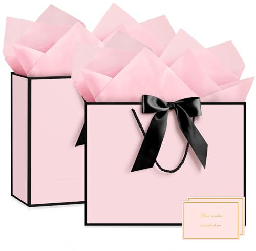 YoungTree Medium Pink Black Frame Gift Bag 28x20x10 cm 2-Pack | Sturdy paper bags with handles. Includes 2 cards & 4 tissues. Perfect for wedding, Valentine's, Mother's, birthday gifts.