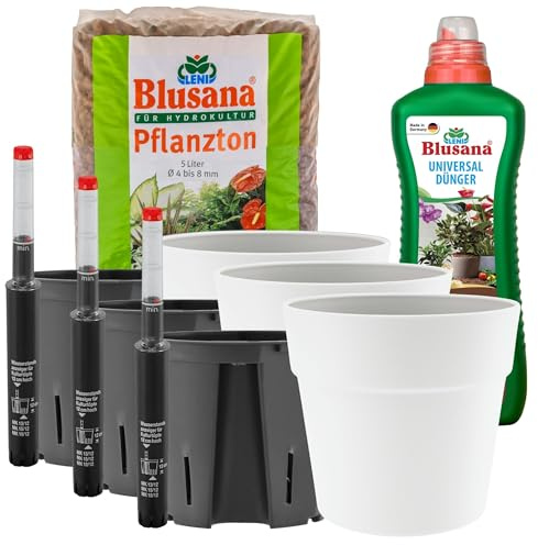 Leni Classic Hydrokultur Komplett-Set Ø 16 cm Höhe 14 cm 3er-Pack Weiß | Übertopf mit Pflanzton und Dünger, Blumentopf, Hydro-Bewässerungssystem mit Kulturtopf und Gießanzeige, für Zimmerpflanzen