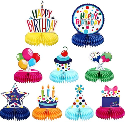 WROYGVY 9 Stück tischdeko Geburtstag, Bunte Happy Birthday Tischdeko Bienenwabe,werkzeugfrei Papier geburtstagsdeko Tisch für Babyparty,Kindergeburtstag Partyzubehör