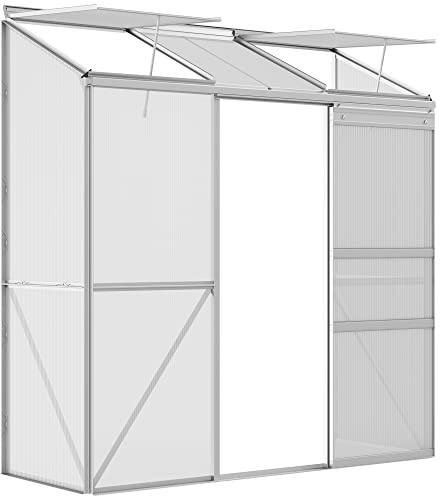 WGYHOME Anlehngewächshaus mit Schiebetür & Dachfenster, Polycarbonat Aluminium, Silber, 192x68x196 cm, für Pflanzenzucht & Witterungsschutz an Haus/Garage/Scheune