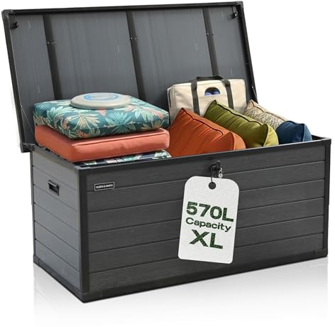 Olsen & Smith 570L Large Heavy-Duty Outdoor Garden Storage Box & Chest | Lockable with Padlock, Weather-Resistant, Wood Effect, Huge Capacity, Outdoor Patio, Cushions Tools Toys & More, Heavy Duty