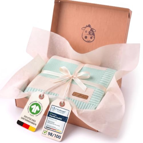 Minky Mooh® - Babydecke aus 100% Bio Baumwolle (Öko-Tex 100) Gr. 94x72cm Mint - Baby & Kuscheldecke Geschenk für Neugeborene zur Geburt Erstausstattung - Pucktuch & Baumwolldecke Mädchen & Jungen